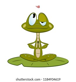 Cute funny frog meditating and looking at funny butterfly