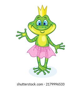 Cute funny frog in a pink skirt and a golden crown. In cartoon style. Isolated on white background. Vector illustration.