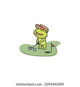 Cute and funny frog playing golf.