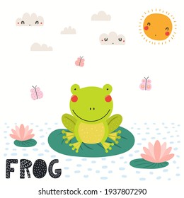 Cute funny frog in pond sitting on water lily leaf, isolated on white. Hand drawn wild animal vector illustration. Scandinavian style flat design. Concept for kids fashion, textile print, poster, card