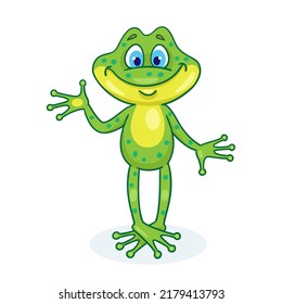 Cute funny frog stands and waves its hand. In cartoon style. Isolated on white background. Vector illustration.