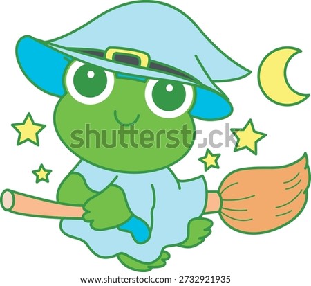 Cute funny Frog sticker icon with halloween theme. Funny Frog wearing a witch costume and flying with broom stick 