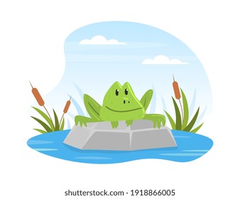 Cute Funny Frog in Summer Pond, Scene with Frog Sitting on Stone Cartoon Vector Illustration