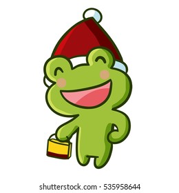 Cute and funny frog wearing Santa's hat walking and bring gift for christmas - vector.