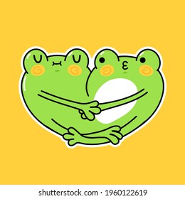 Cute funny frogs couple hugs. Vector hand drawn cartoon kawaii character illustration sticker set. Funny cartoon two toad frog mascot character concept