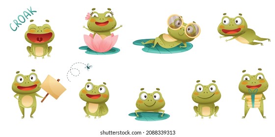 Cute funny frogs in everyday activities set. Green toads cartoon characters vector illustration