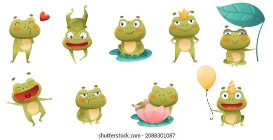 Cute funny frogs set. Green toads cartoon characters having fun in pond vector illustration