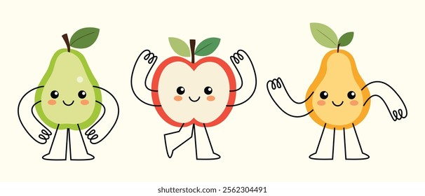 cute and funny fruit character cartoon illustration of avocado, apple and pear