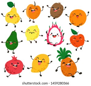 Cute and funny fruit characters with eyes. Vector fruit isolates on white background. Cartoon fruits