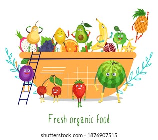 Cute funny fruit characters in salad bowl, flat vector illustration. Happy cartoon cherry, watermelon, plum, banana, apple, lemon, pear, strawberry, avocado, pineapple with faces. Fresh organic food.