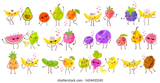 Cute funny fruit characters set isolated on white background. Smiling kawaii cartoon happy fruits collection. Hand drawn vector illustration.