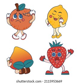 Personajes de la fruta graciosos y corteses en varias poses y emociones. Set contiene naranja, limón, melocotón, fresa. Carácter de fruto vectorial o mascota en diferentes posiciones y actividades.