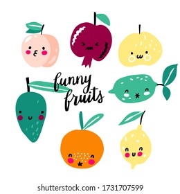 Cute and funny fruit set. Sketch style vector collection.
