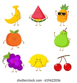 Cute and funny fruit set. Vector illustration