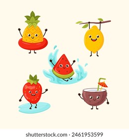 Cute funny fruits character pineapple, strawberry, coconut, lemon, watermelon. Funny fruits on summer holidays. Summer fruit characters smiling, relaxing, swimming in the sea