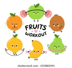 Cute funny fruits make gym set collection. Vector flat line cartoon kawaii character illustration icon. Isolated on white background. Pear,lemon,orange,apple,kiwi,banana workout character bundle