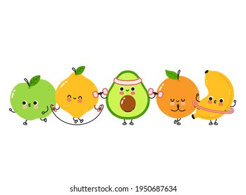 Cute funny fruits make gym. Vector flat line cartoon kawaii character illustration icon. Isolated on white background. Pear,lemon,orange,apple,kiwi,banana workout character bundle