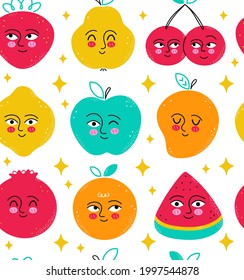 Cute funny fruits seamless pattern. Vector cartoon character illustration design. Apple,lemon,pear,mango,orange,watermelon,strawberry,cherry with cute happy face cartoon seamless pattern concept