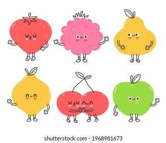 Cute funny fruits set collection. Vector hand drawn cartoon kawaii doodle character illustration icon. Raspberry berry fruit baby mascot cartoon character bunde. Isolated on white background