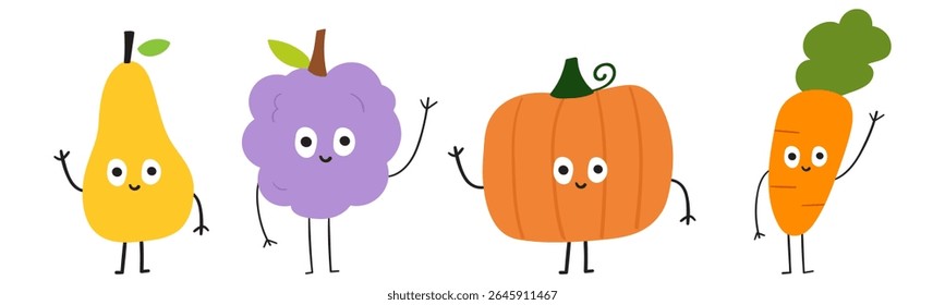 Cute funny fruits and vegetables. Pear, grapes, pumpkin, carrot. Flat vector illustration design on white background.