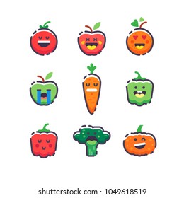 Cute funny fruits and vegetables. Set of Emoji apple, tomato, pepper, broccoli, carrot, orange and pumpkin. Isolated flat vector illustration on white background