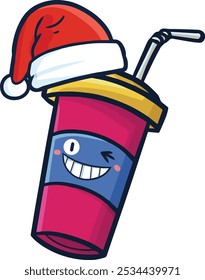 Cute and funny fuchsia coffee cup cartoon character wearing santa's hat celebrating christmas