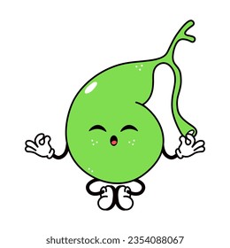 Cute funny Gallbladder doing yoga character. Vector hand drawn traditional cartoon vintage, retro kawaii character illustration icon. Isolated white background. Gallbladder character concept