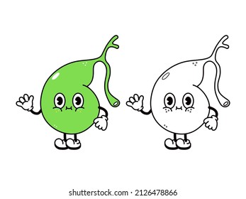Curioso caracter de la mano de la vesícula biliar. Dibujo a mano del vector tradicional de caricatura vintage, retro, kawaii icono de ilustración del personaje. Dibujo de dibujos animados de la vesícula biliar feliz para el libro de colorear