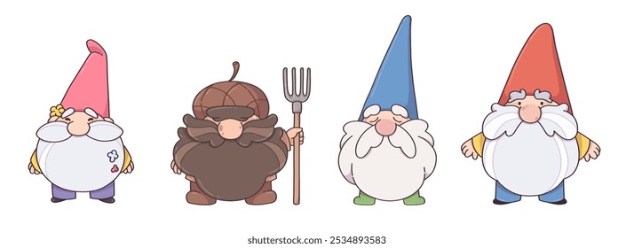 Cute funny garden dwarf gnome figurine. Old small magic fairytale elf character with grey beard and flowers, hat and with pitchfork standing with smile on face. Cartoon vector traditional decoration.