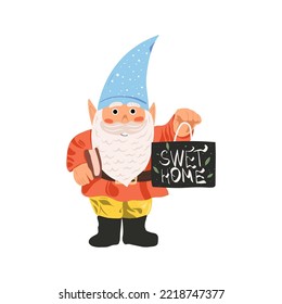 Cute funny garden gnome vector flat illustration. Cute fairytale characters. Bundle of lawn ornaments or decorations. Flat cartoon vector illustration.