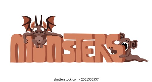 Cute funny gargoyle sitting on a letter and a toothy worm. A fantastic monster, a mythological character. Color vector illustration isolated on a white background in a cartoon and flat design.