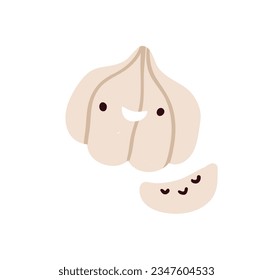 Cute funny garlic head and clove. Happy vegetable character, smiling face expression, emotion. Comic kawaii food, spicy eating. Kids childish flat vector illustration isolated on white background