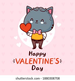 Cute funny gentlemen cat with heart. Happy valentines day card. Vector flat line cartoon kawaii character illustration icon. Cat valentines day gift concept