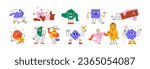 Cute funny geometric characters set. Comic shapes, geometry figures, rectangle, triangle, circle with happy smiling face expressions. Childish flat vector illustrations isolated on white background