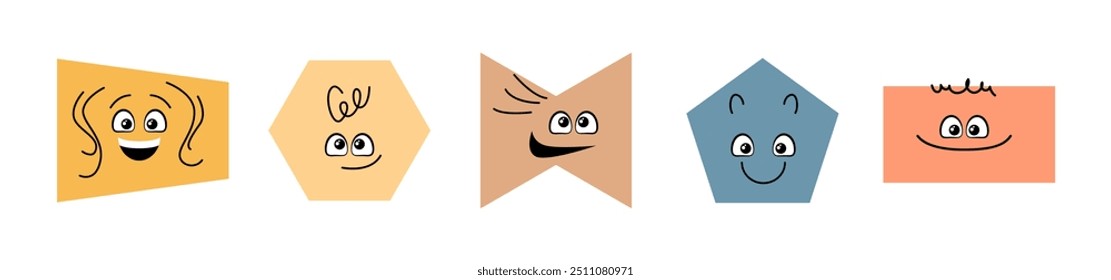 Cute funny geometric element compositions in doodle manner, isolated rectangles, hexagons and pentagons. Vector collection of trendy fun figures with muzzle expression and hair style