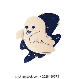 A cute and funny ghost flies against the background of the stars. Vector illustration of a ghost.
