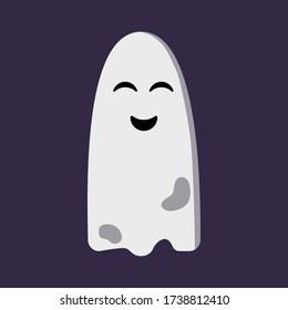 Cute funny ghost isolated on dark purple background. Halloween character with smiling face. Blank white sheet with holes. Element for poster, banner