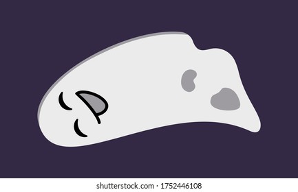 Cute funny ghost isolated on dark purple background. Halloween character with smiling face. Blank white sheet with holes. Element for poster, banner