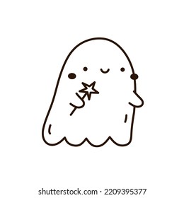 Geräumiger und lustiger Geist einzeln auf weißem Hintergrund. Vektorhandgezeichnete Illustration im Doodle-Stil. Kawaii-Charakter. Ideal für Karten, Dekorationen, Logo und Halloween-Designs.