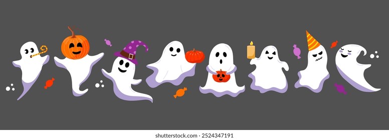 Cute funny ghost set. Halloween cartoon characters vector illustration.