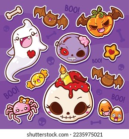 Cute and funny ghost zombie bats skull spider and candies halloween stickers set