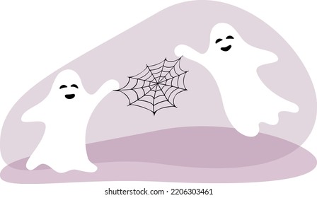 Cute, funny ghosts carrying a scary spider web. Illustration set clipart on isolated background. Spooky background for Halloween celebration, textiles, wallpapers, wrapping paper, scrapbooking. 