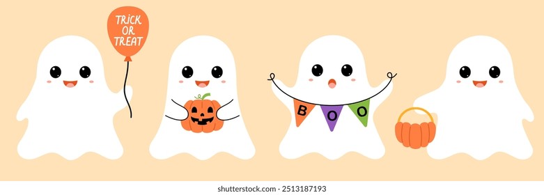 Lindos fantasmas divertidos colección. Conjunto de personajes de moda y moderno de halloween con globo, calabaza, cesta de caramelos, guirnalda. Ilustración de vacaciones de Vector plano de niños para Anuncio, postal, pegatinas.