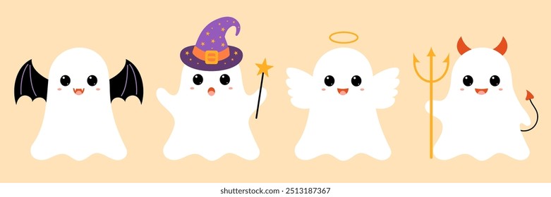 Nette lustige Geister-Kollektion. Set von modischen und modernen Halloween-Figuren in Kostümen einer Fledermaus, Engel, Imp, Zauberer. Kinder flach Vektor Urlaub Illustration für Banner, Postkarte, Aufkleber.