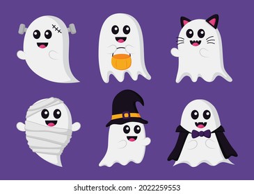 cute funny ghosts in halloween costumes set isolated on purple background. vector illustration.