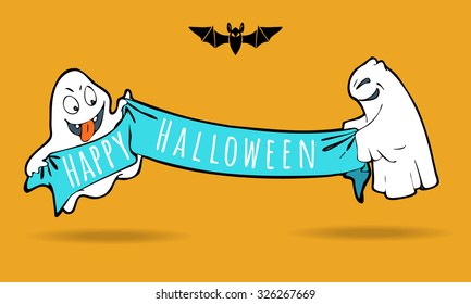 Cute funny ghosts with holiday banner and a black bat isolated on the orange background.  Happy Halloween. Design template. Postcard.  Empty space leaves room for design elements or text. 