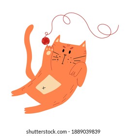 Cute and funny ginger cat plays with knitting ball or yarn. Vector isolated hand-drawn illustration.
