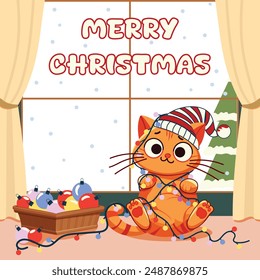 Cute and funny ginger cat in Santa hat playing with Christmas garland at home. Merry Christmas and Happy New Year. Vector illustration in flat style