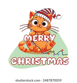 Cute and funny ginger cat in Santa hat playing with Christmas garland. Merry Christmas and Happy New Year. Vector illustration in flat style