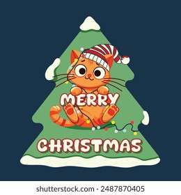 Cute and funny ginger cat in Santa hat playing with Christmas garland inside Christmas tree. Merry Christmas and Happy New Year. Vector illustration in flat style